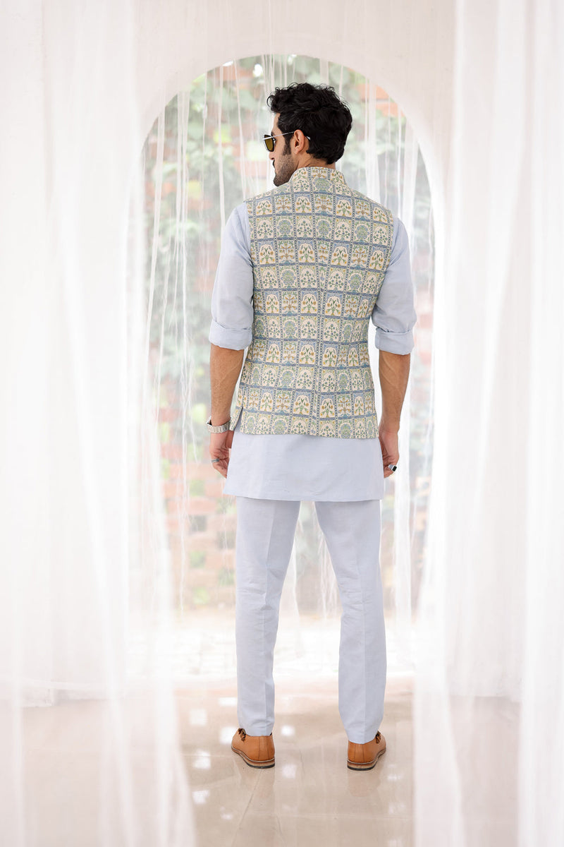 Sky Blue Floral Printed Kurta Bundi Set