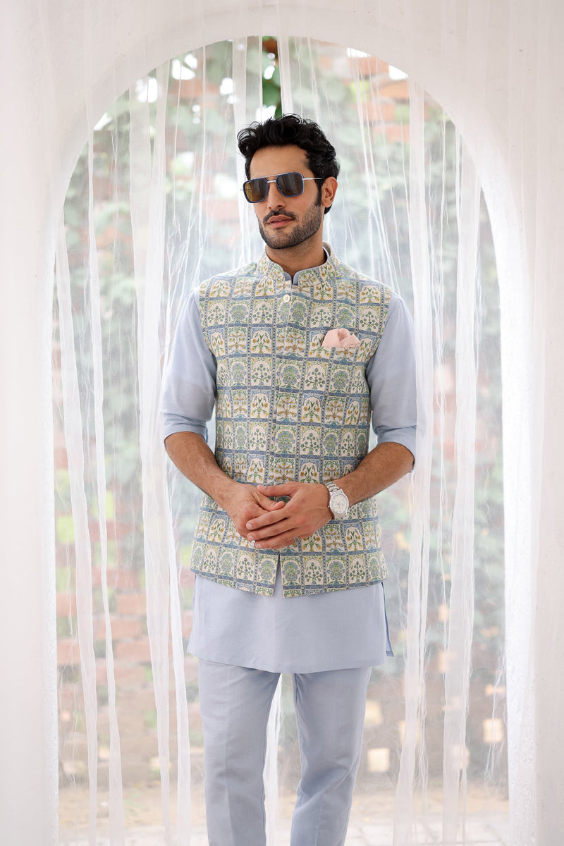 Sky Blue Floral Printed Kurta Bundi Set