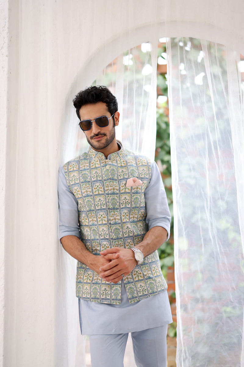 Sky Blue Floral Printed Kurta Bundi Set