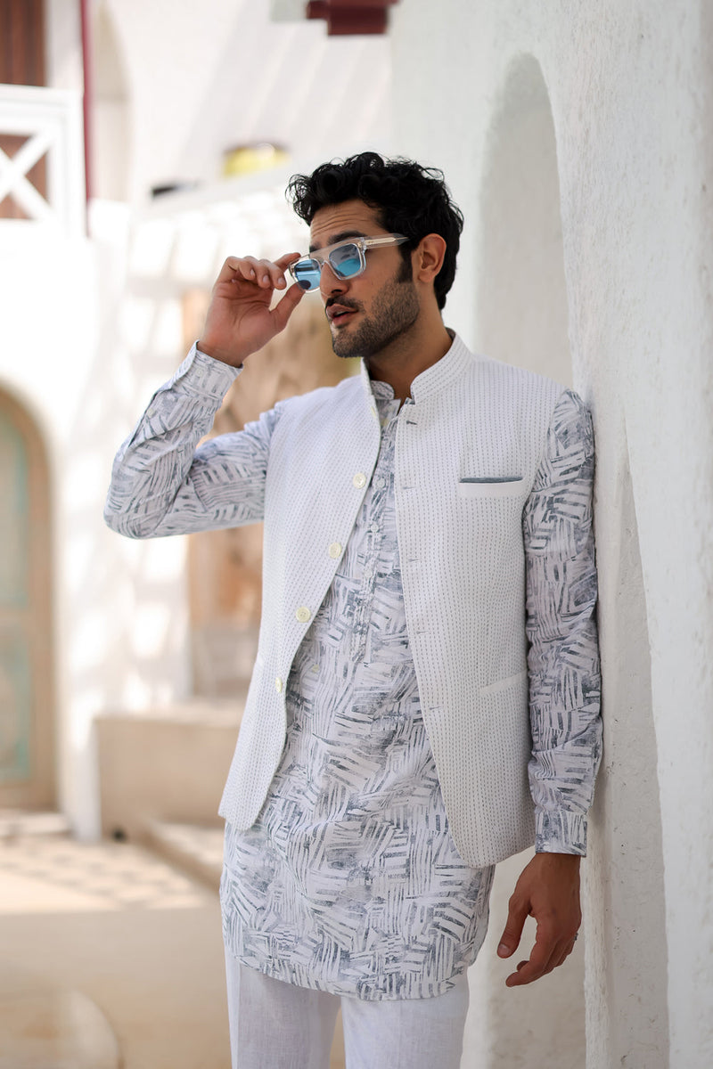 Ajrakh Block Printed Embroidered Kurta Bundi Set