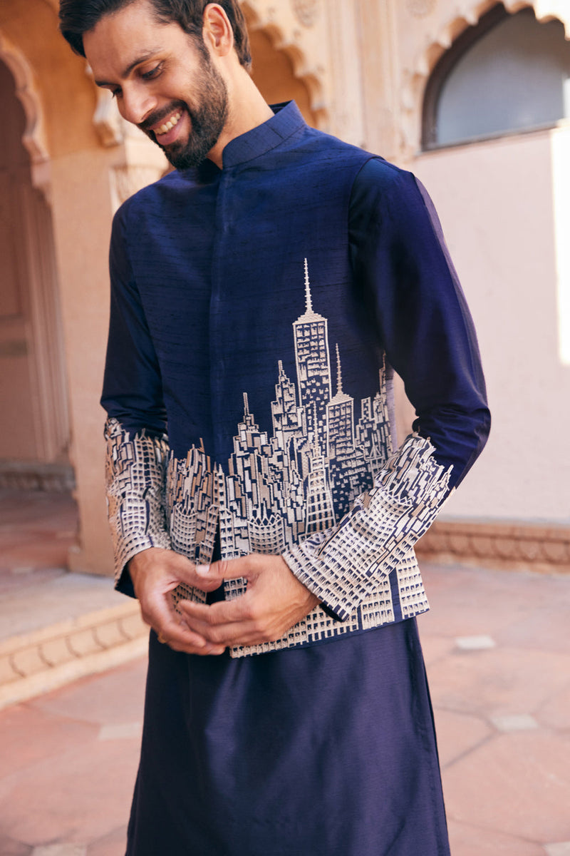 Abstract City Design Embroidered Bundi Set 