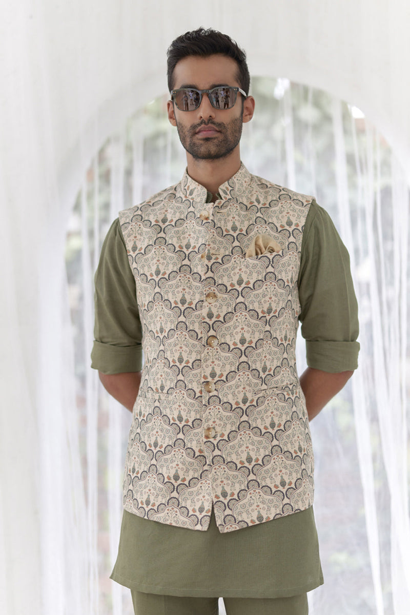 Sage Green Paisley Printed Bundi Set