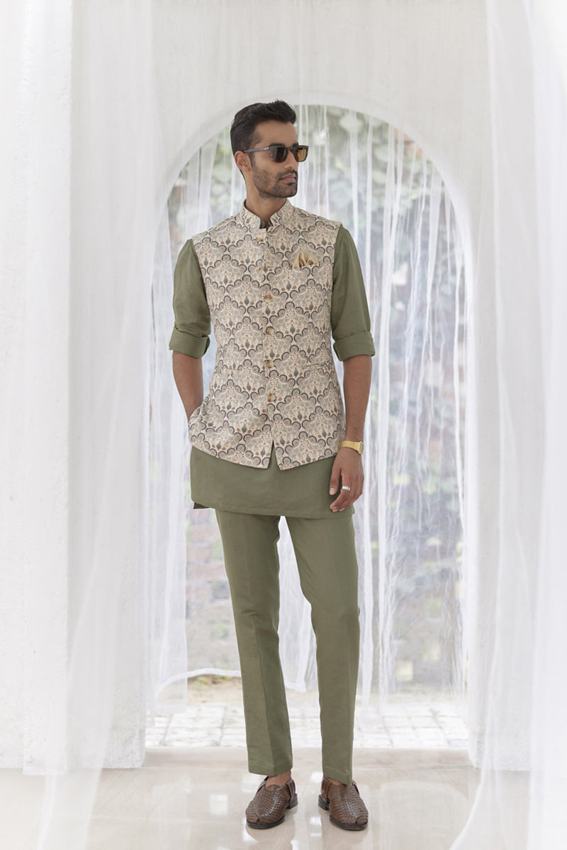 Sage Green Paisley Printed Bundi Set