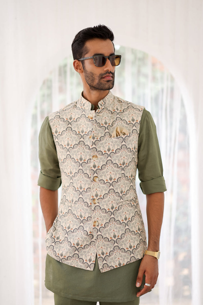 Sage Green Paisley Printed Bundi Set