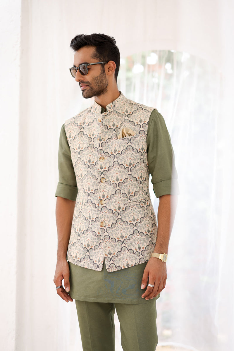 Sage Green Paisley Printed Bundi Set