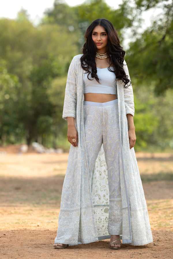 Blue Chikankari Set With Full Length Jacket,Crop Top And Pants