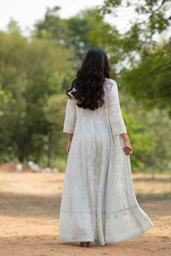 Blue Chikankari Set With Full Length Jacket,Crop Top And Pants