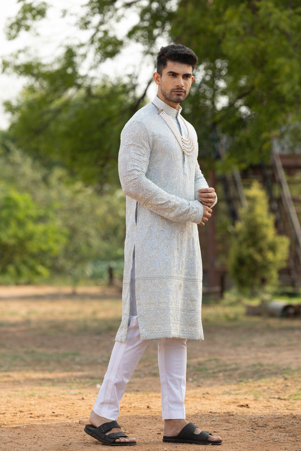 Men'S Blue Chikankari Set With Straight Pants