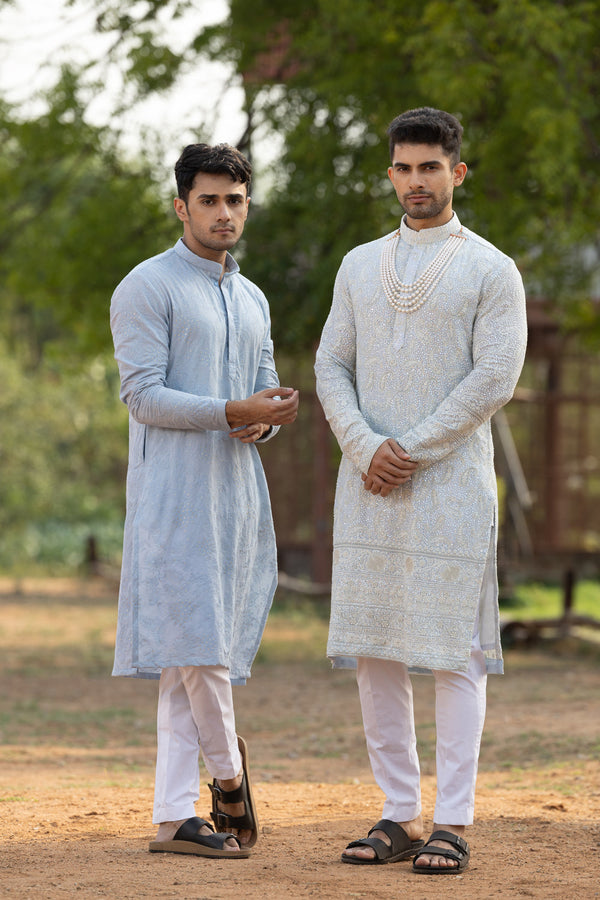 Men'S Blue Thread Work With Embroidery Kurta Set