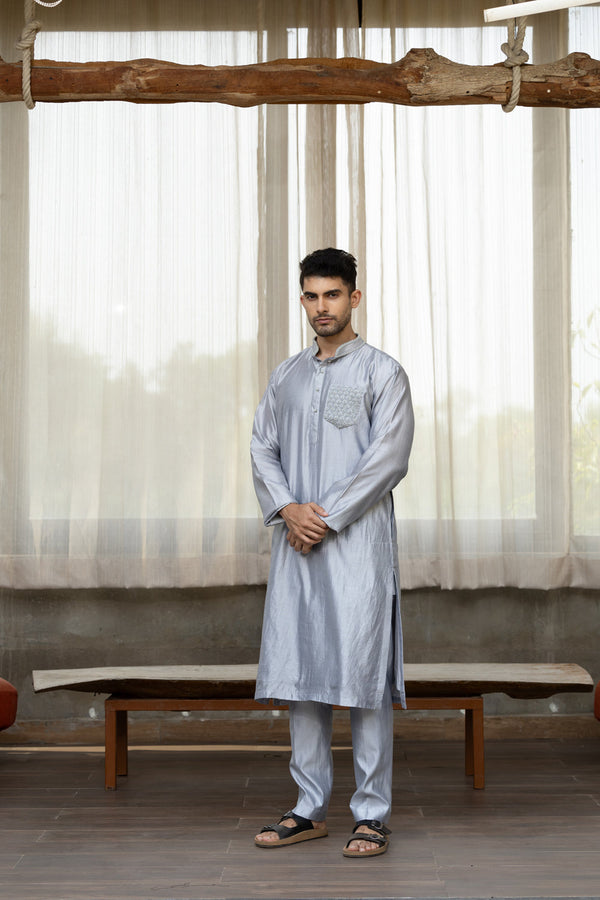 Men'S Grey Kurta Set With Embroidered Pocket And Neck With Pants