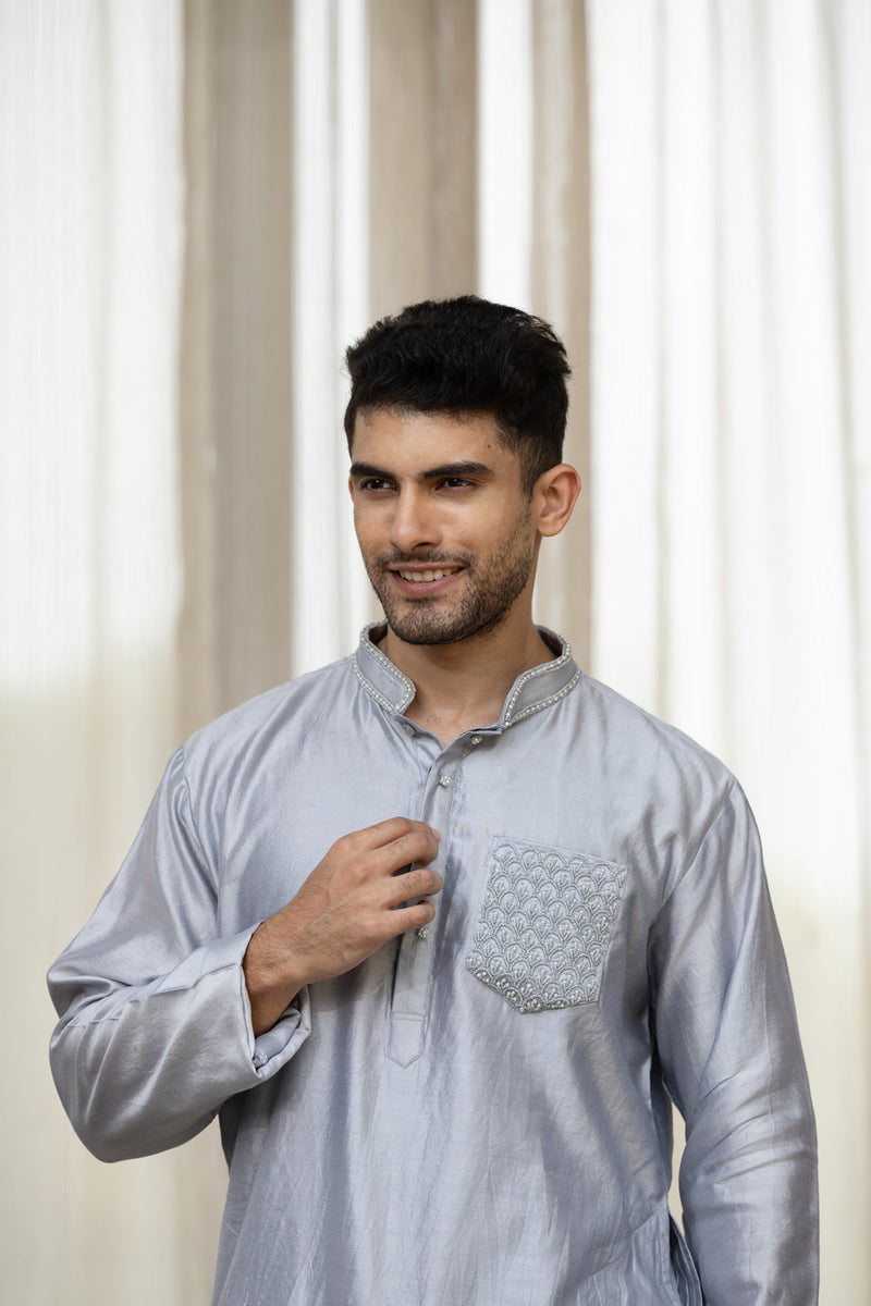 Men'S Grey Kurta Set With Embroidered Pocket And Neck With Pants