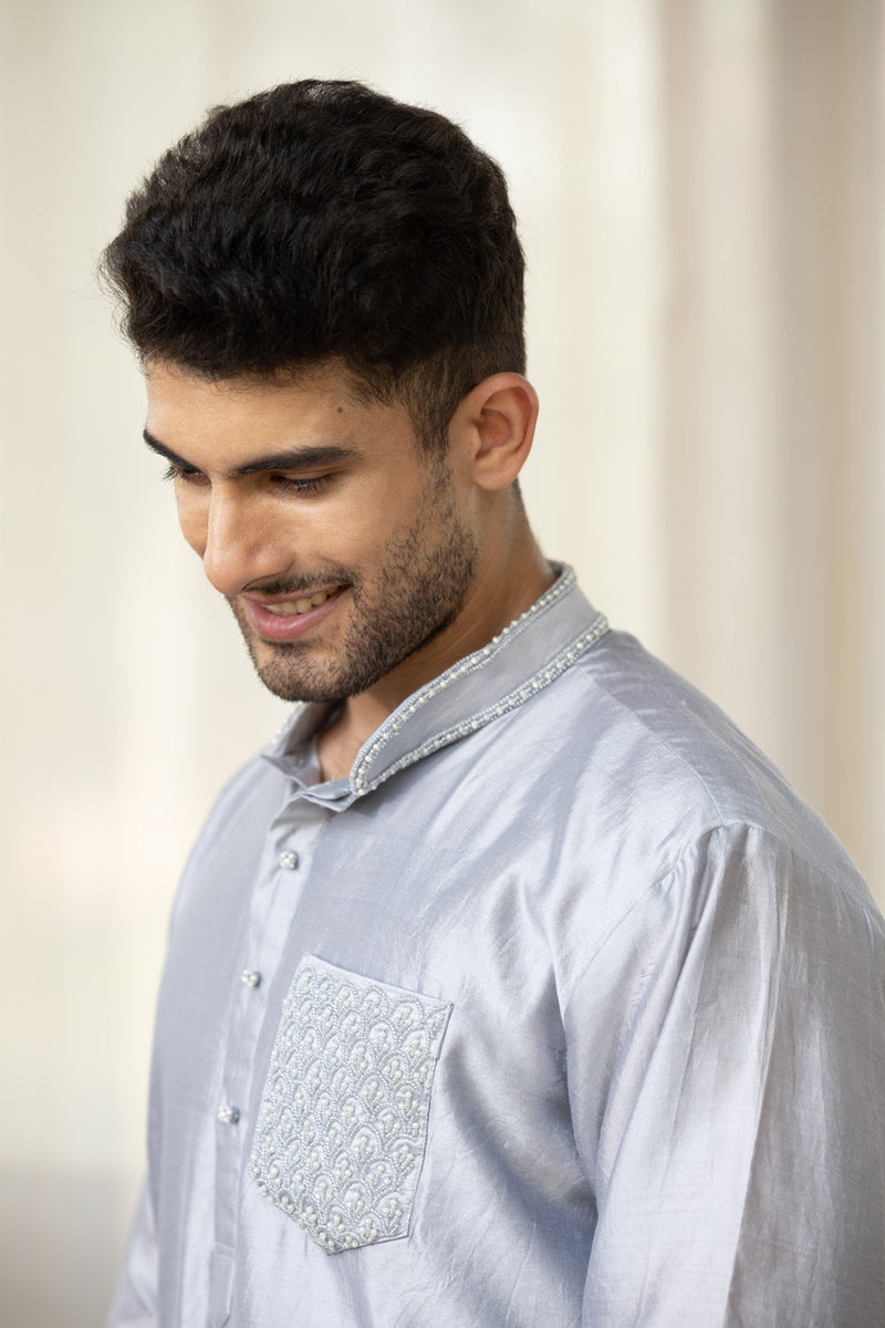 Men'S Grey Kurta Set With Embroidered Pocket And Neck With Pants