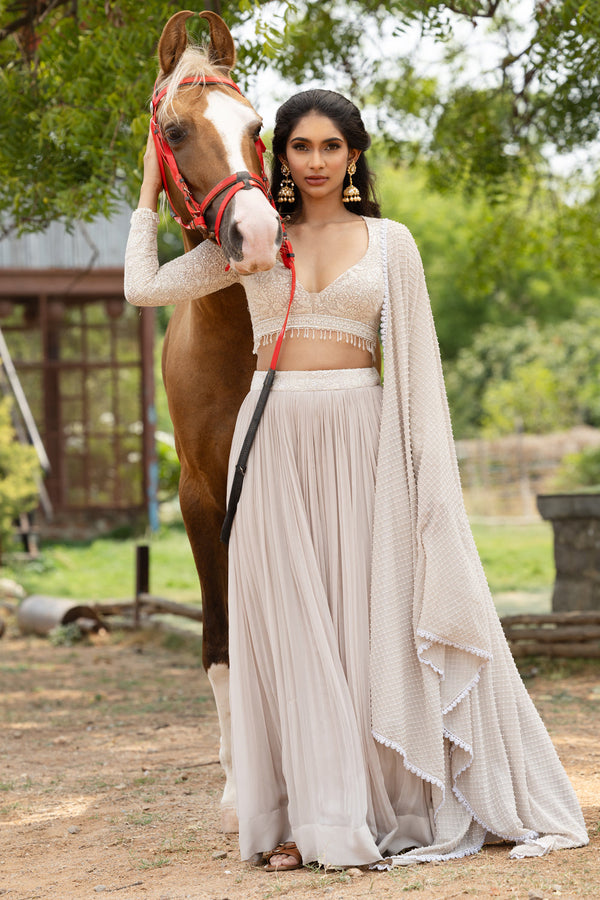 Chikankari Blouse With Pleated Georgette Skirt And Cutdana Dupatta