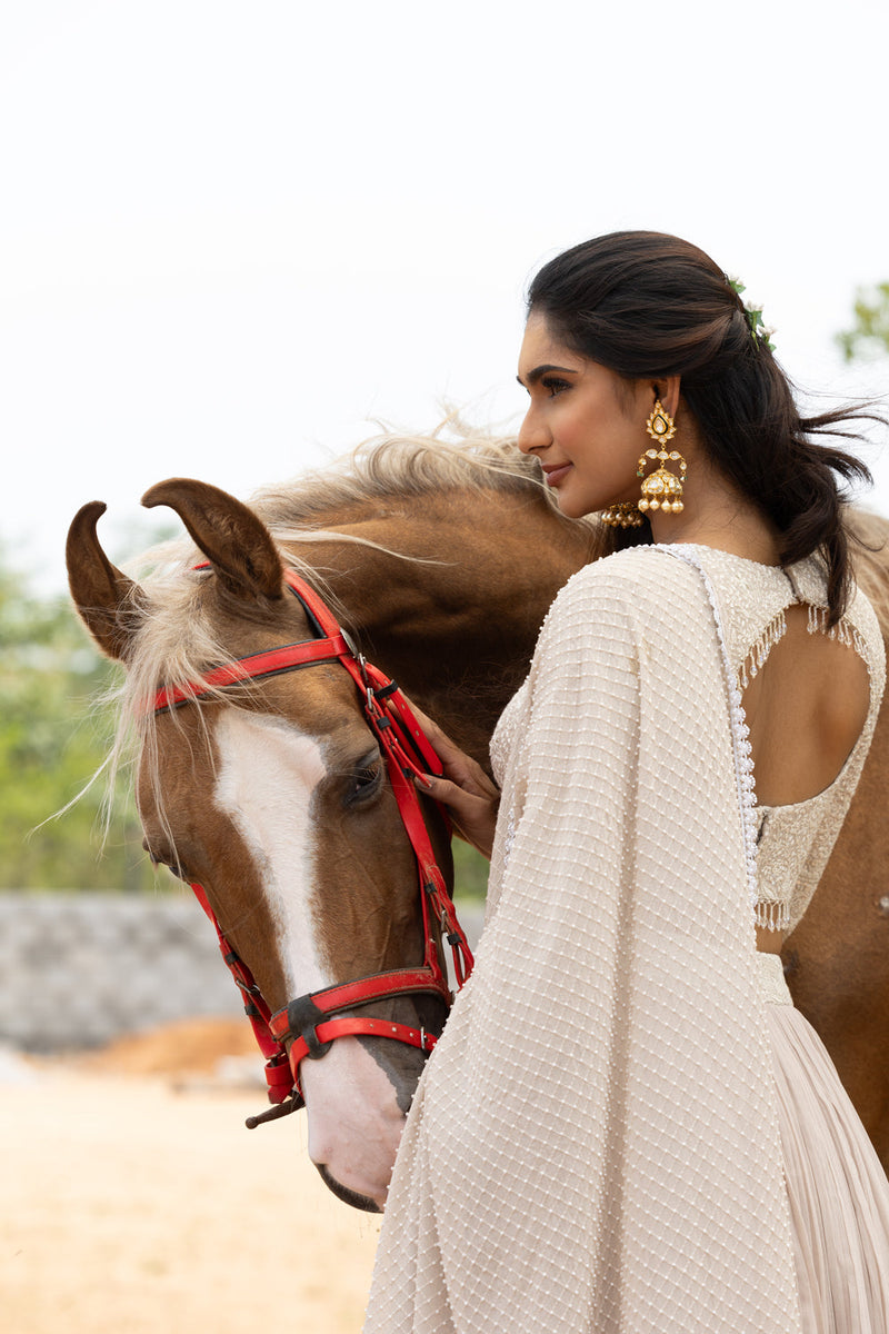 Chikankari Blouse With Pleated Georgette Skirt And Cutdana Dupatta