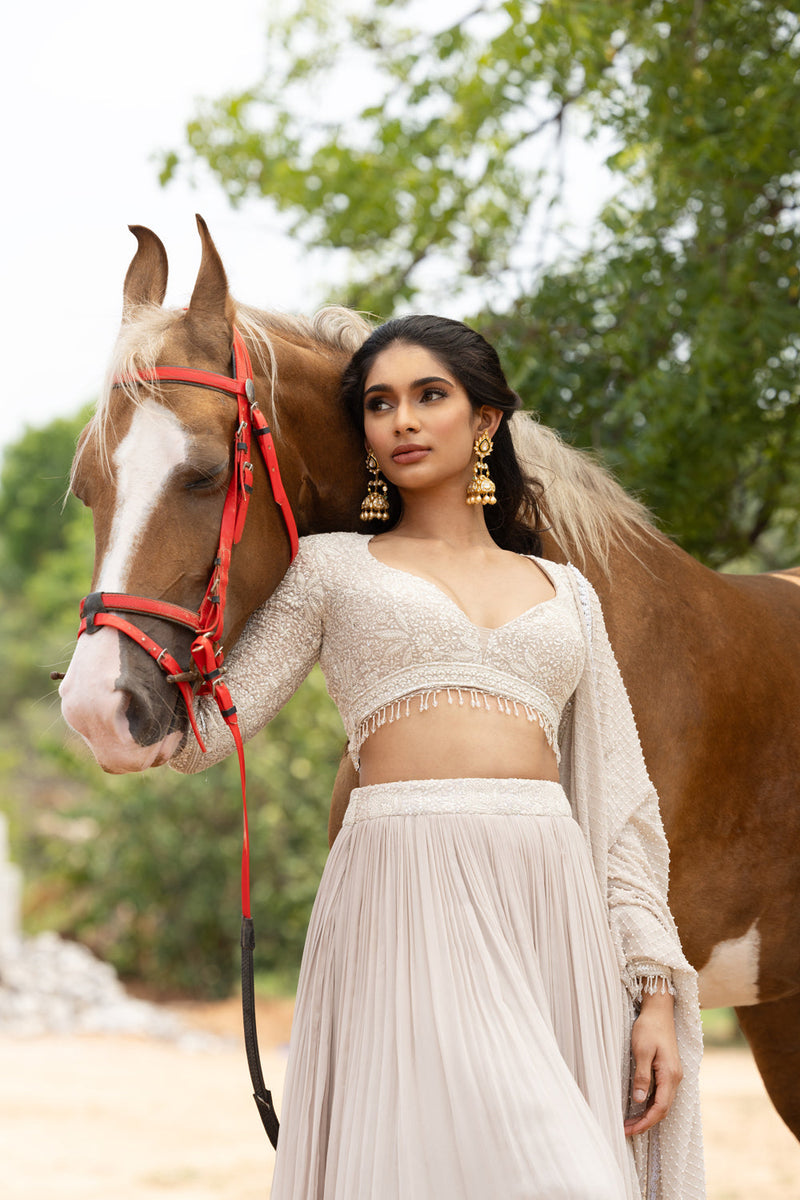 Chikankari Blouse With Pleated Georgette Skirt And Cutdana Dupatta