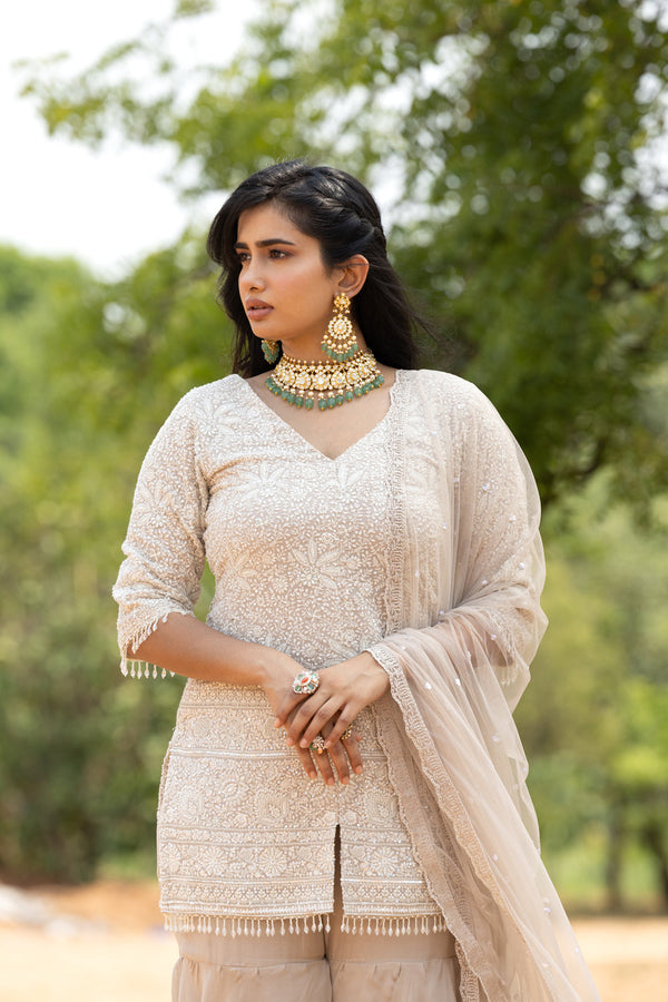 Chikankari Top With Organza Sharara And Soft Net Dupatta