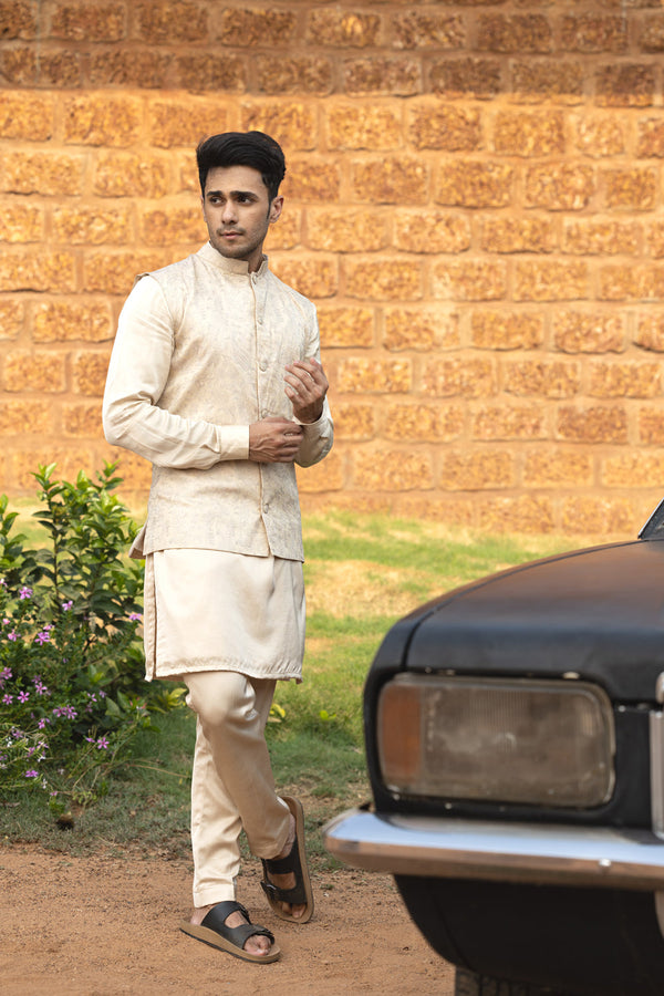 Thread Hand Embroidered Chikankari Jacket With Silk Kurta And Straight Pants