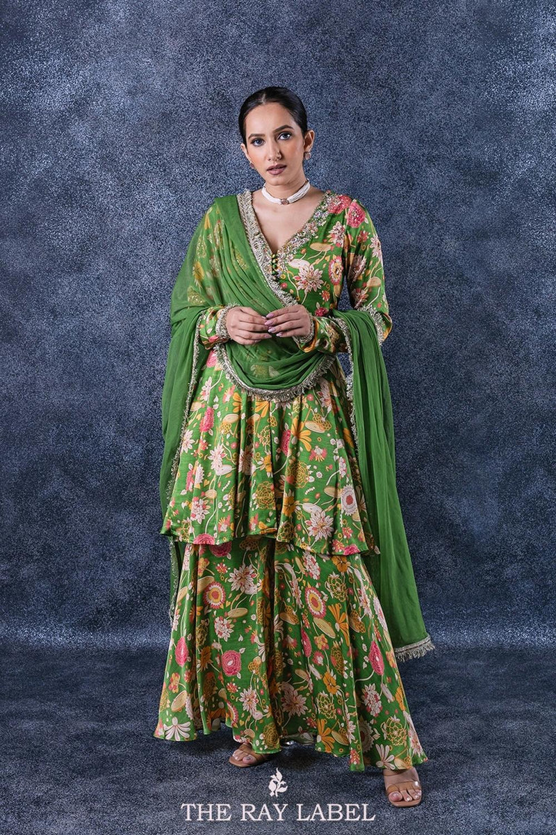 Fern Green Floral Sharara Set