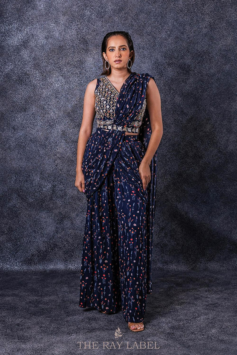 Navy Blue Floral  Pre-Draped Saree Set