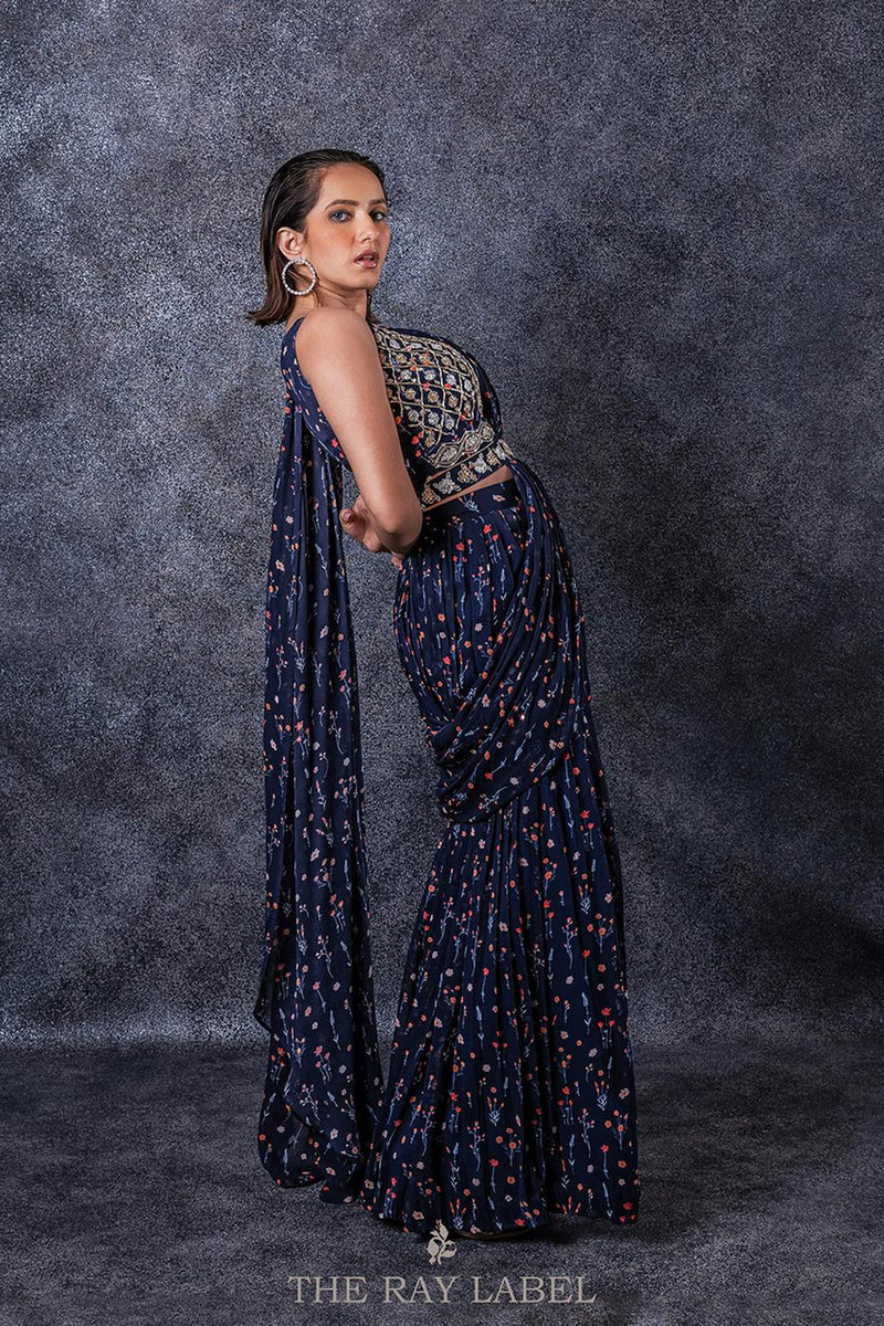 Navy Blue Floral  Pre-Draped Saree Set