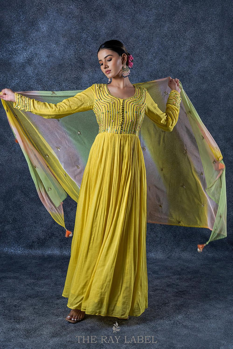 Lemon Yellow Anarkali Dress Set