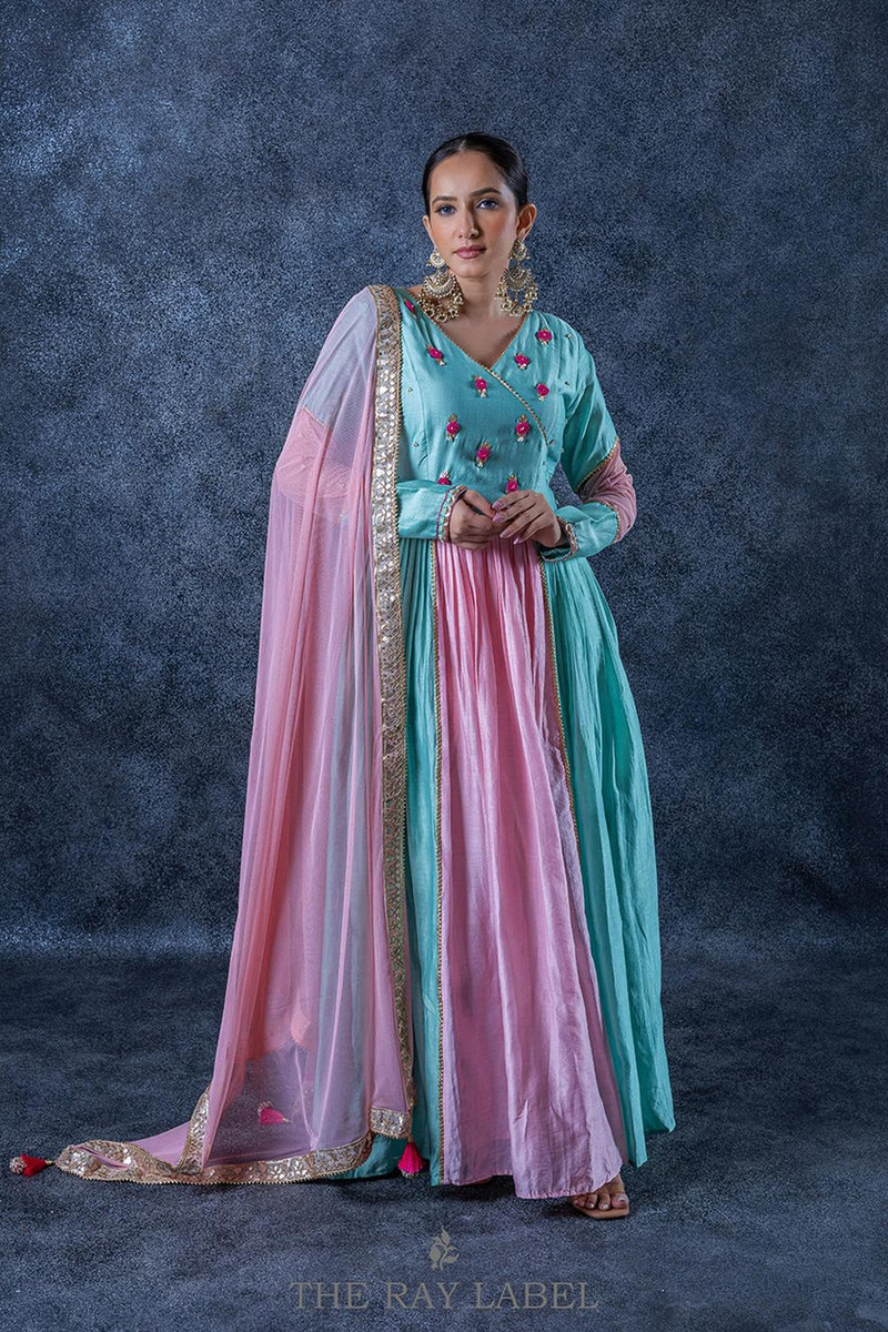 Sky Blue And Blush Pinkanarkali  Dress Set