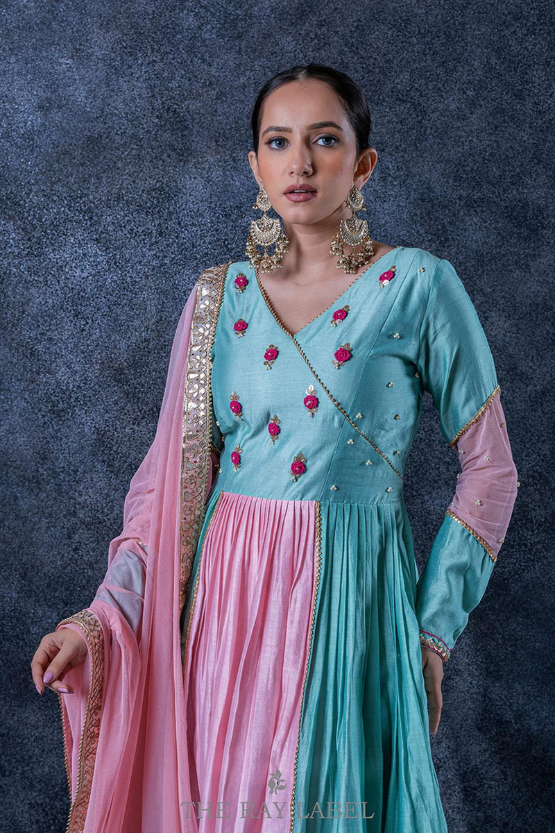 Sky Blue And Blush Pinkanarkali  Dress Set