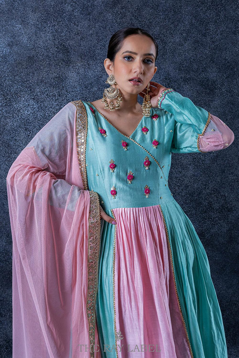 Sky Blue And Blush Pinkanarkali  Dress Set