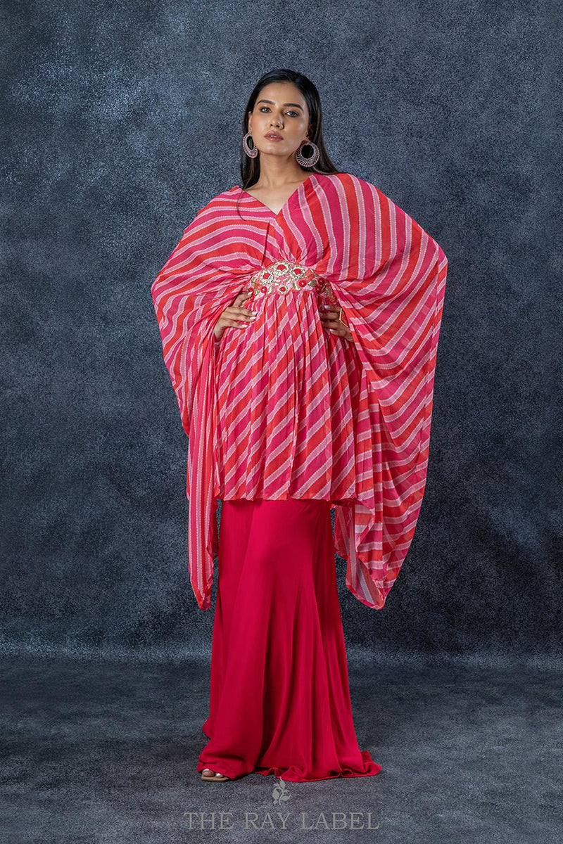 Red Striped Draped Cape And Sharara Set