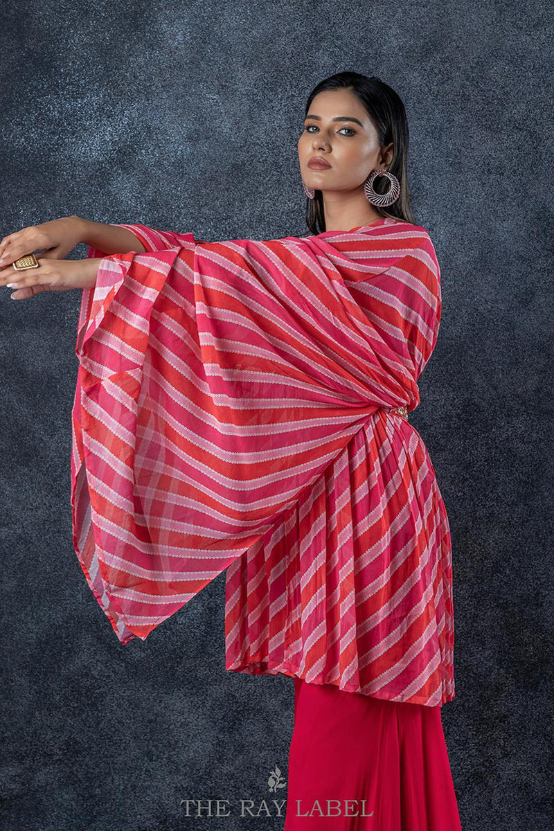 Red Striped Draped Cape And Sharara Set