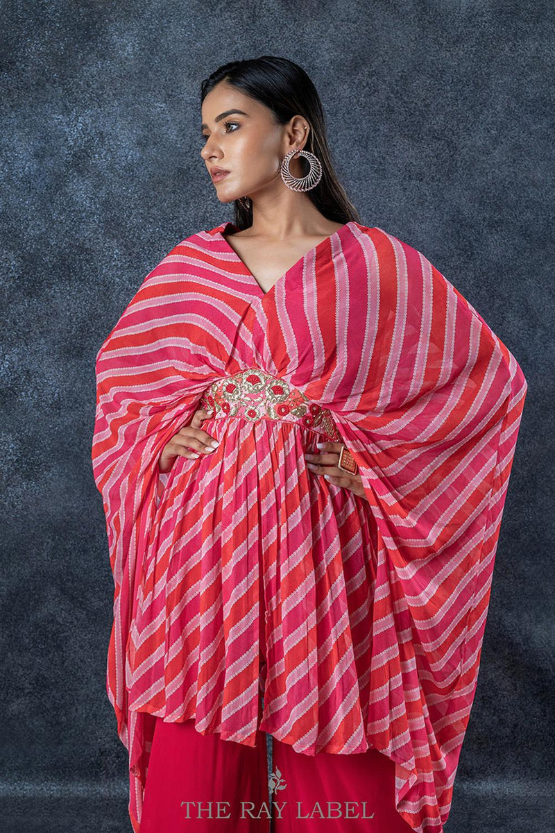 Red Striped Draped Cape And Sharara Set