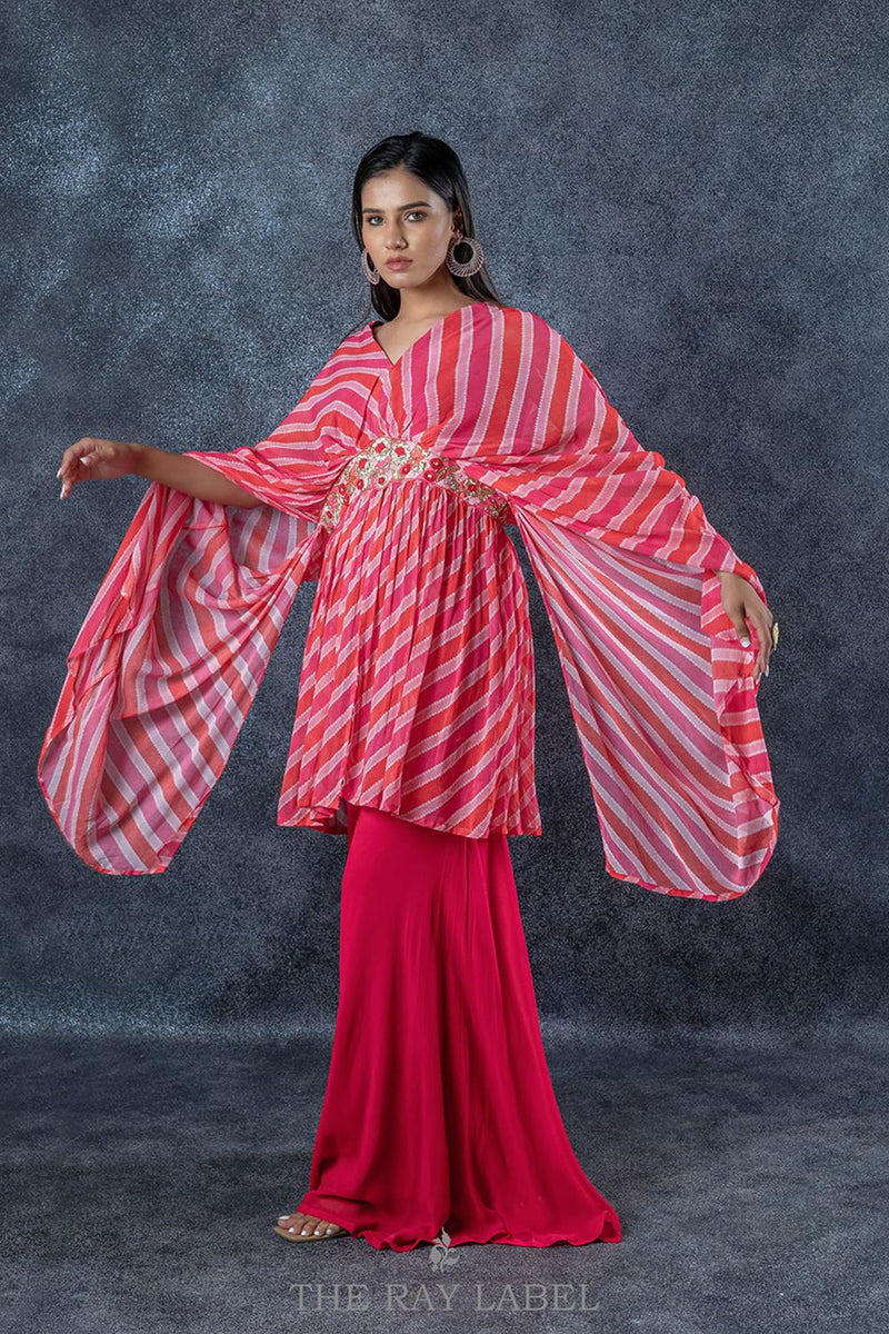 Red Striped Draped Cape And Sharara Set