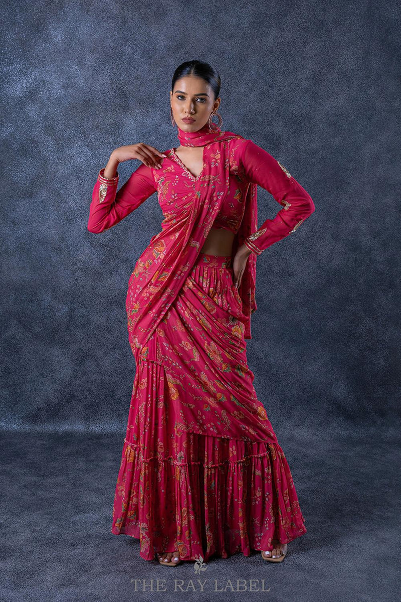 Printed Fuchsia Pink Pre Draped Saree Set