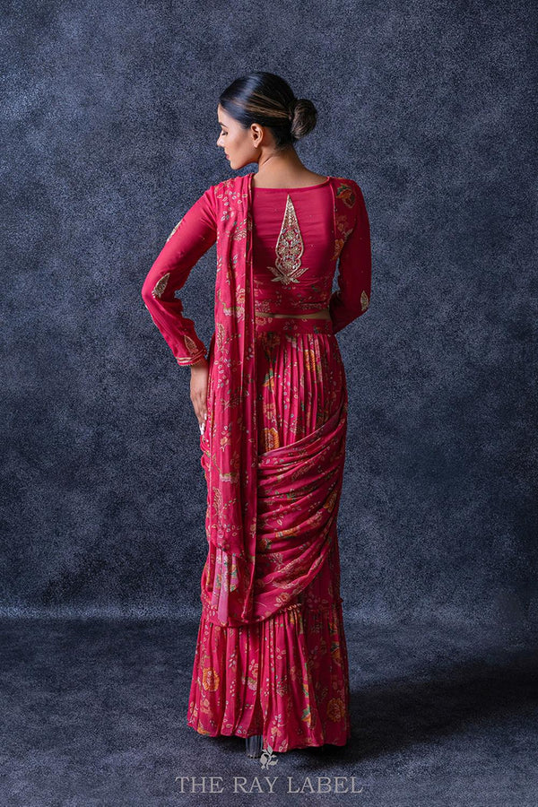 Printed Fuchsia Pink Pre Draped Saree Set