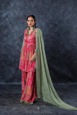 Fuchsia Pink  And Sage Green Sharara Set