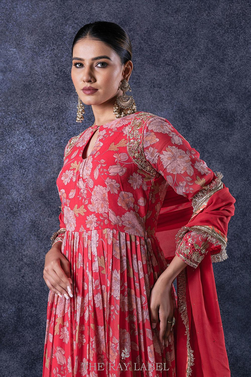 Floral Red Anarkali Set