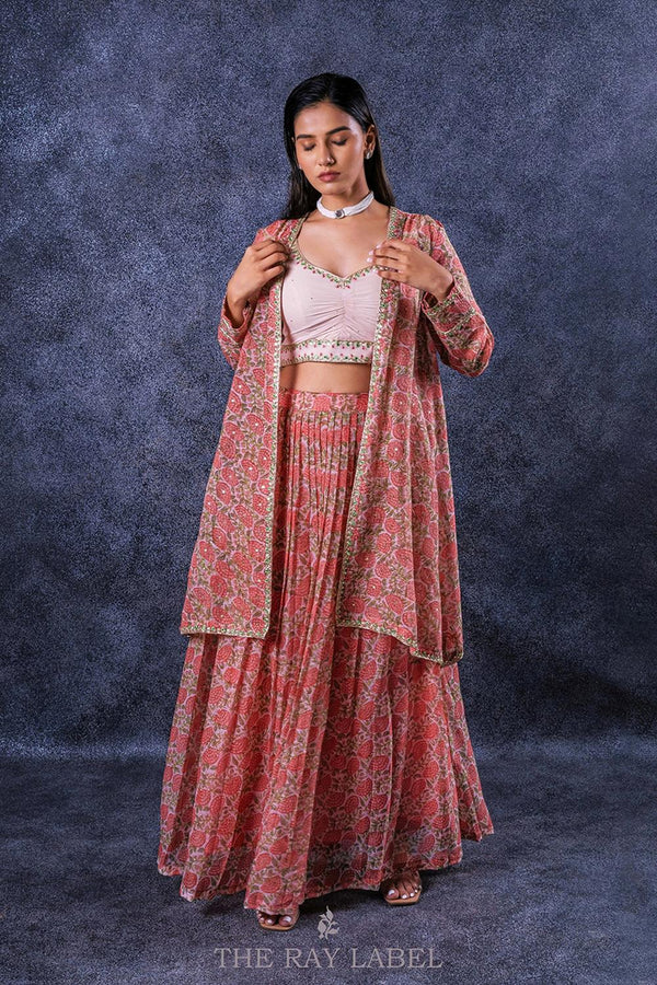 Peach Blockprinted Lehenga & Jacket Set