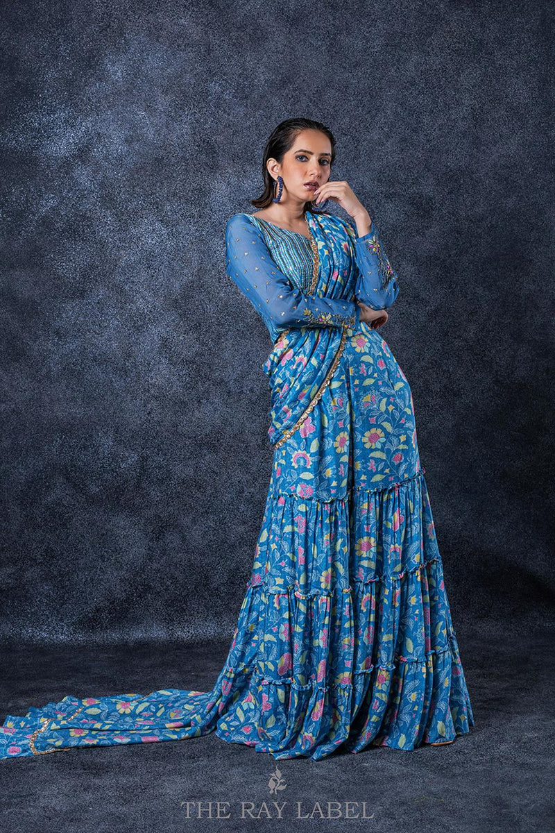 Floral Cerulean Blue Pre Draped Sharara Saree Set.