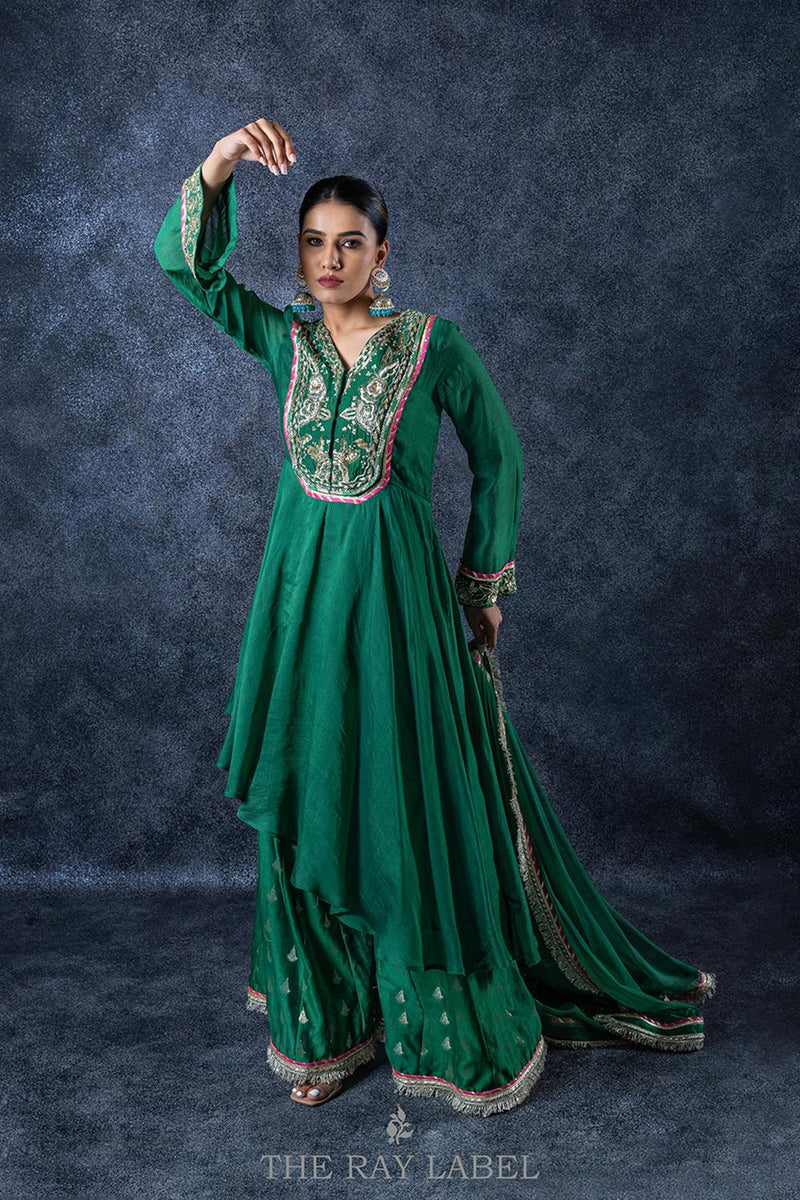 Bottle Green Assymetrical Sharara Set