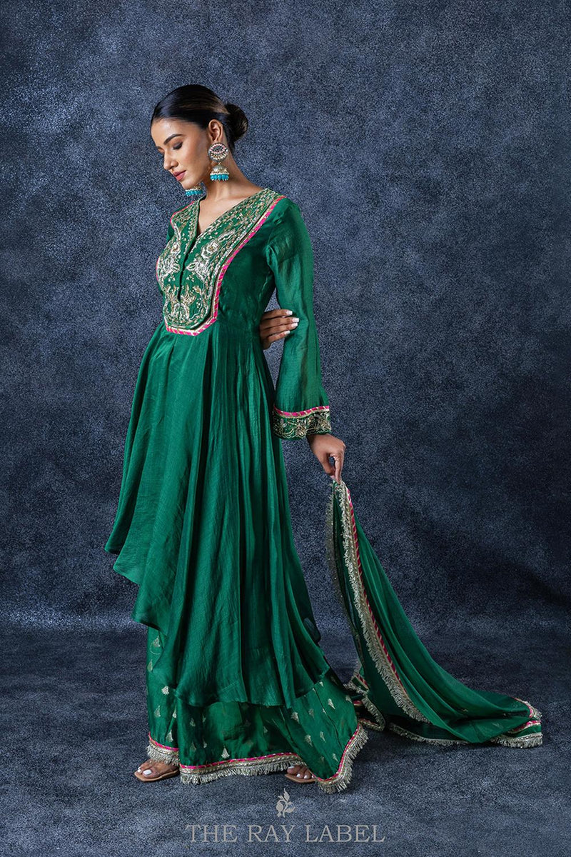 Bottle Green Assymetrical Sharara Set