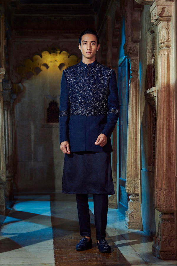 Navy Blue Kurta Jacket Set