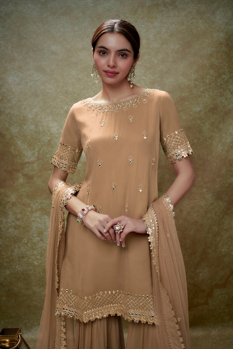 Fawn Mirror Work Gota  Kurta Sharara Set