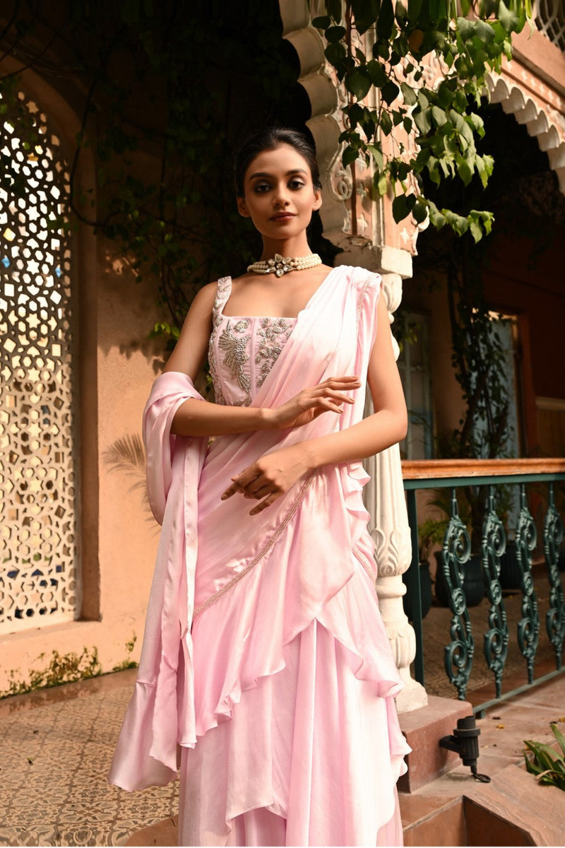 Pink Color Embroidered Pre Drapped Indo Western Saree