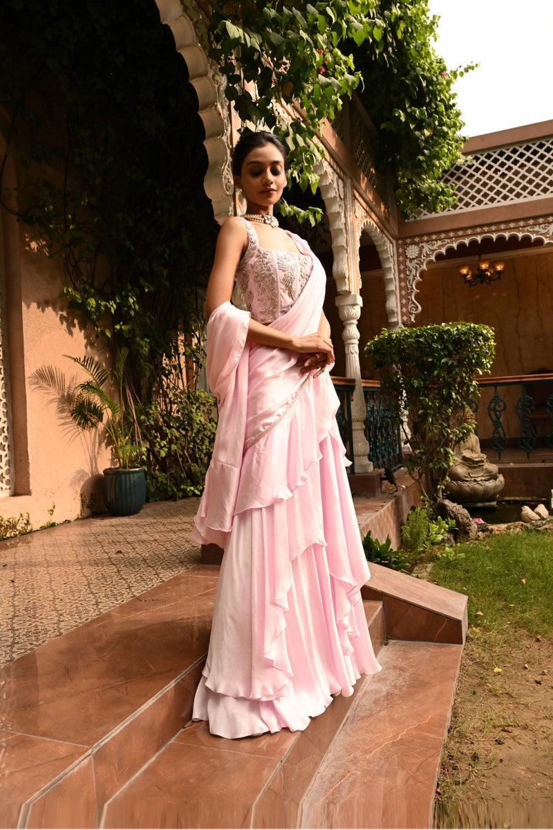 Pink Color Embroidered Pre Drapped Indo Western Saree