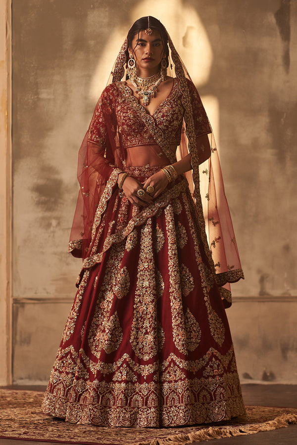 Maroon Raw Silk Double Dupatta Lehenga Set