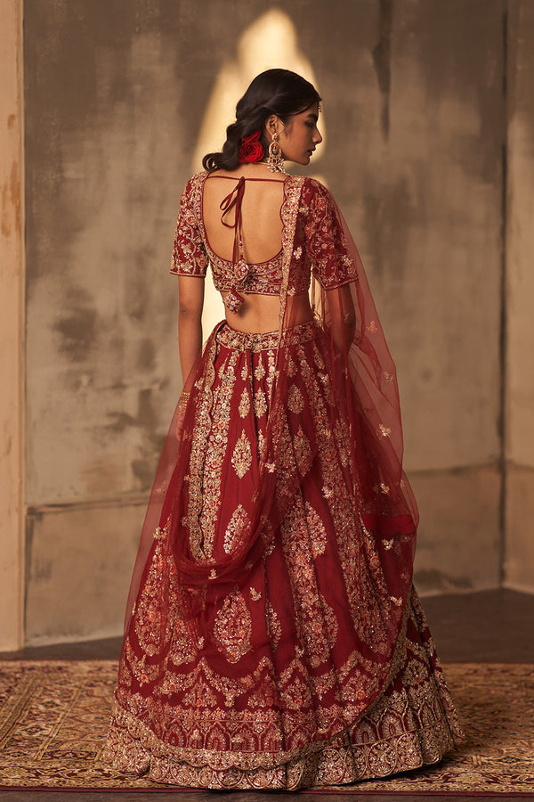 Maroon Raw Silk Double Dupatta Lehenga Set