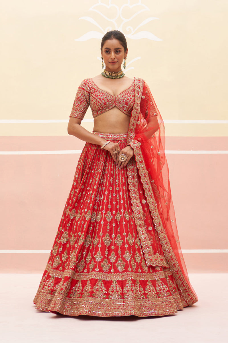 Red Raw Silk Lehenga Set