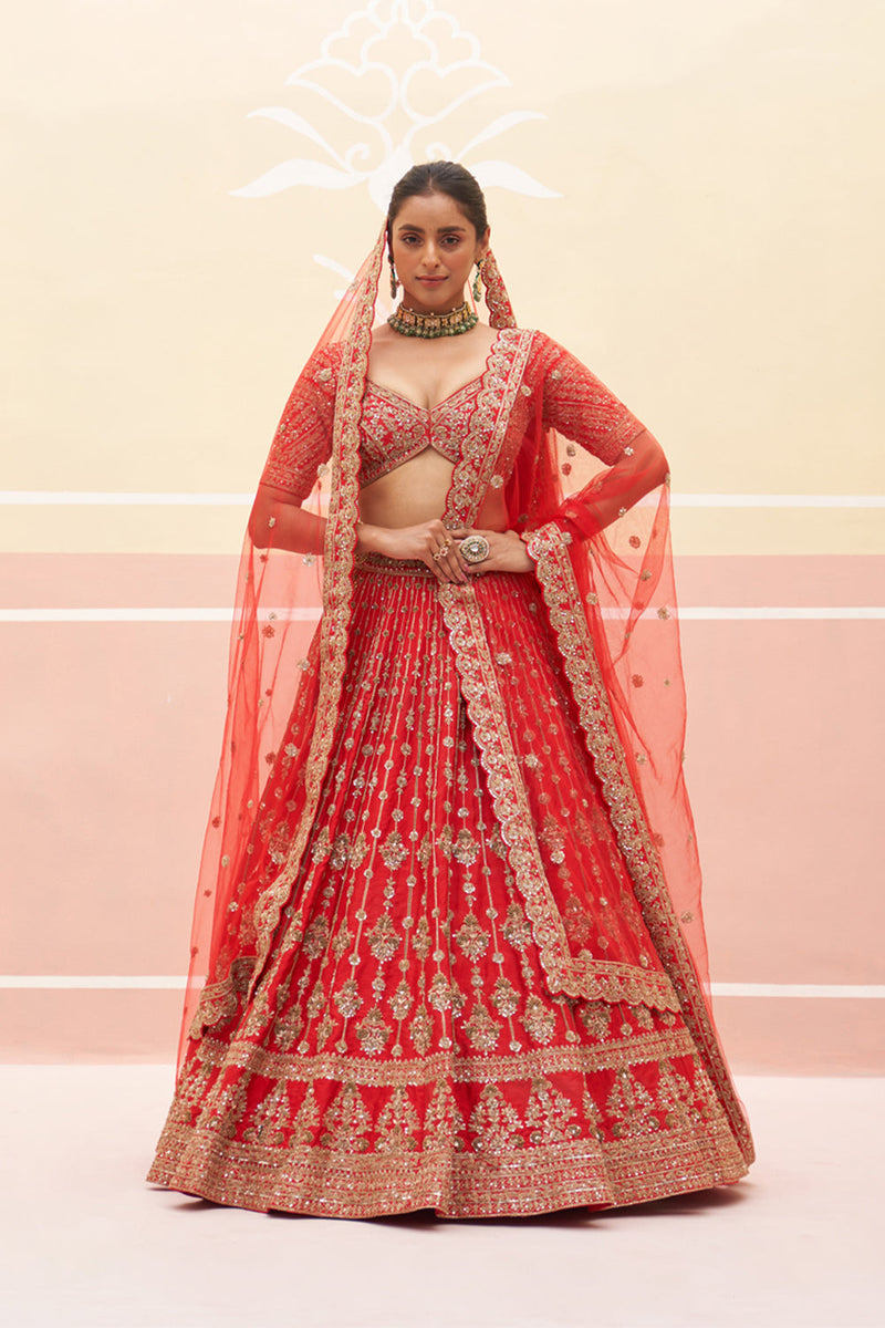 Red Raw Silk Lehenga Set