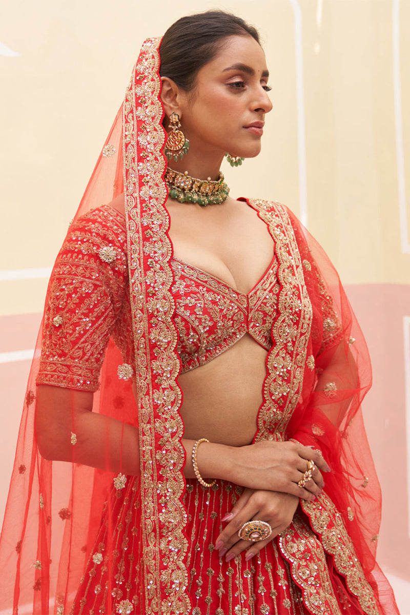 Red Raw Silk Lehenga Set