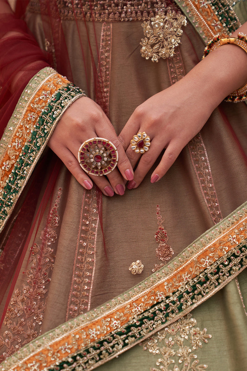 Green Raw Silk Lehenga Set